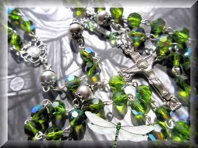 Handmade Rosary Swarovski Vintage Rare Green Turmaline AB Beads 925 SS  Blest