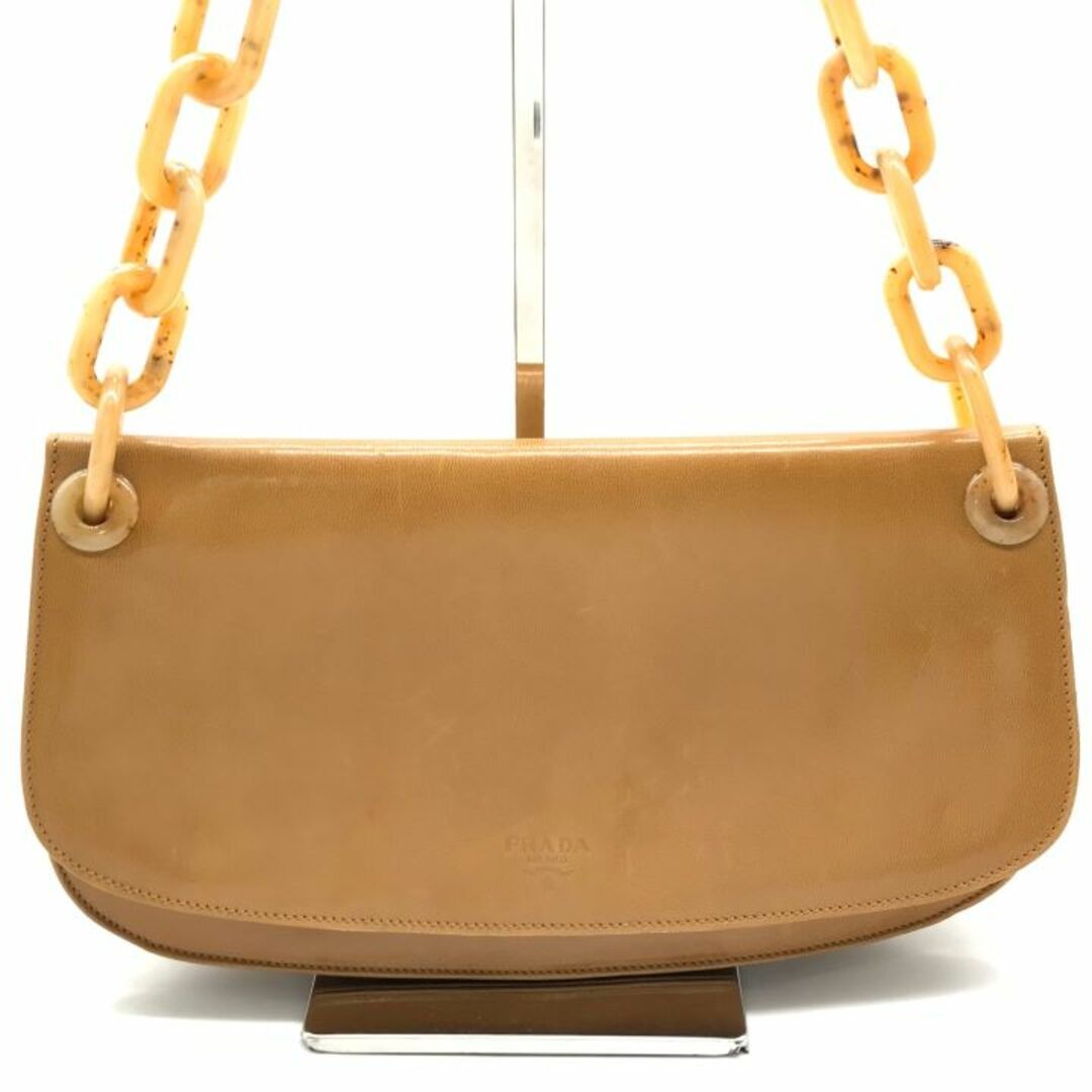 RARE PRADA Brown Leather Logo Plaque Chain Shoulder Bag for Women