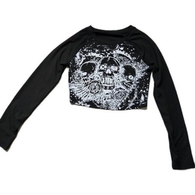 Y2K Skull Graphic Crop Top Womens Medium Black Long Sleeve Goth Grunge EUC