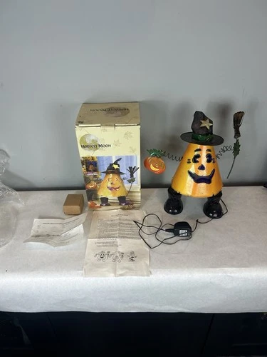 Kirkland Harvest Moon Fiber Optic Metal Witch Pumpkin 13" Vtg Halloween With Box