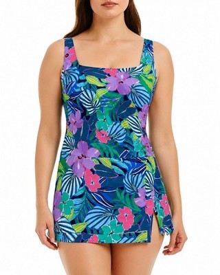 Beyond Control Square Neck Floral Swim Dress Medium Multi-Color