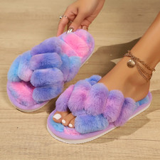 Women'S Fluffy Cross Strap Fur Slippers Lightweight Soft Warm Plush House Slippe