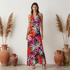 Evening Resort Maxi Dress Multi Floral Jersey Halter Neck Sleeveless Ring US 12