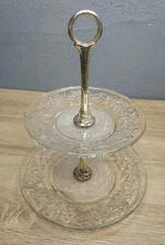 Two Tier Serving Tidbit Tray Buffet Dessert Dish Frosted Glass High Tea Vtg
