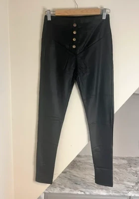 I Holala Made in Italy Black Leather Coated Fleece Gold Button Leggings Size S/M - Image 1 of 4