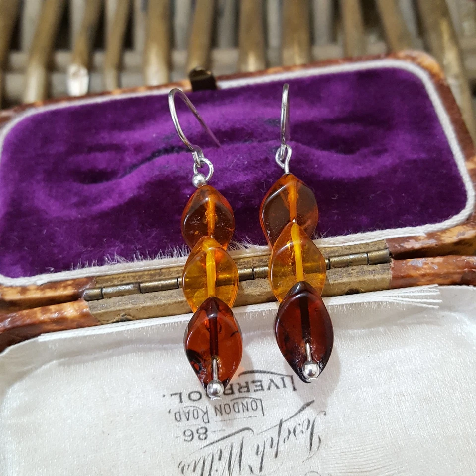 Vintage 925 Sterling Silver Earrings, Natural Multicoloured Baltic Amber Dangle - image 2 of 4