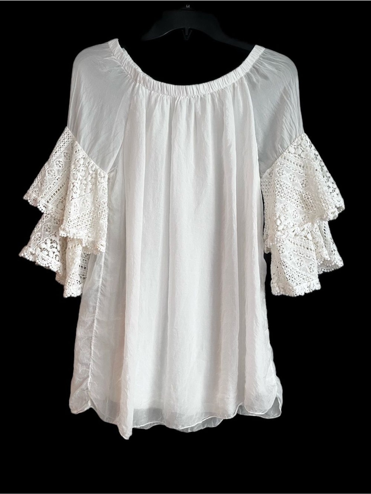 Boho Romantic White  100% Italian Silk Blouse Lace Sleeves Off Shoulder Size M