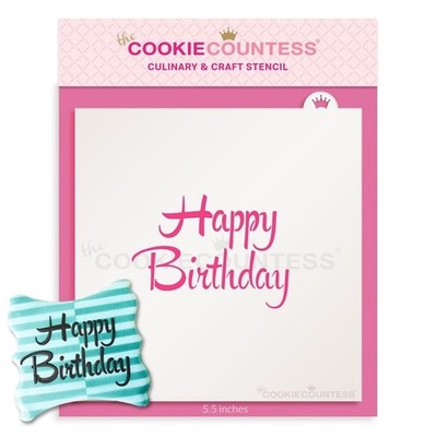 The Cookie Countess Brush Script Happy Birthday Stencil for Cake Decorating