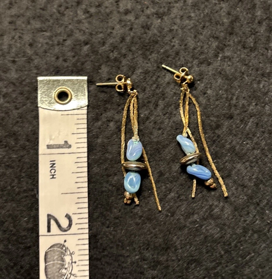 Long Tassel Dangle Earrings gold and blue - Image 2 of 2
