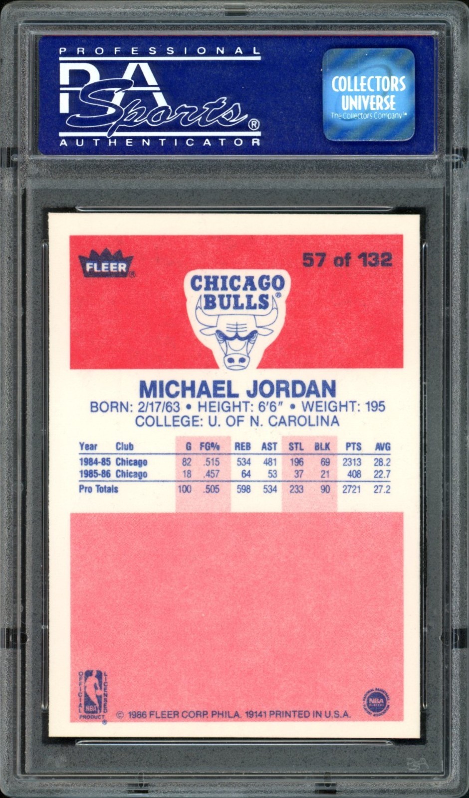 1986 FLEER #57 MICHAEL JORDAN BULLS HoF ROOKIE RC MINT PSA 9 DEAD CENTERED! view 2