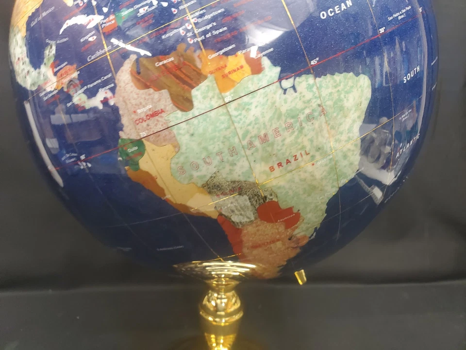 World Globe 13” Diameter Lapis & Semi Precious Gemstone, Gold Base - Image 4 of 4