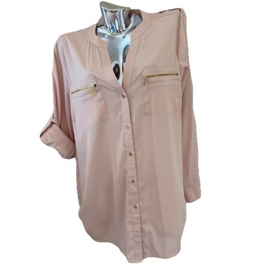 Calvin Klein Button Front Blouse Size 0X Blush Zip Pockets Roll Tab Sleeves NEW