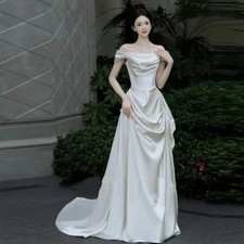 Off Shoulder A-Line Simple Wedding Dresses Silk Satin Long Elegant Bridal Gowns