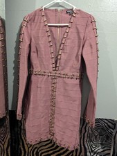 Fashion Nova XL mauve bodycon long sleeve mini dress gold grommet fetish deep V