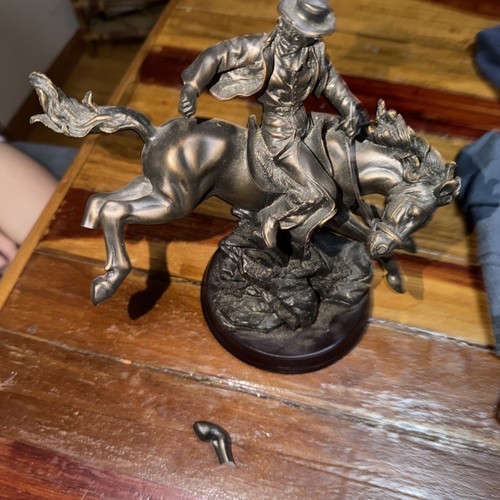 Remington Western Cowboy Riding Horse Statue Western Americana Wood Base
