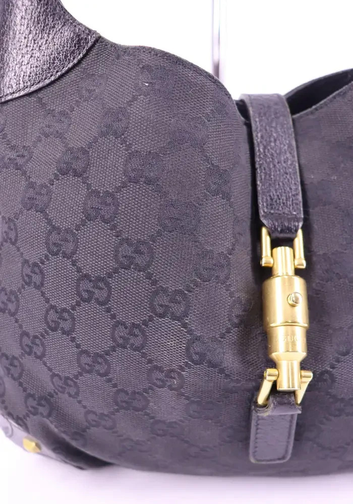 Gucci Jackie Hobo Bag Black Monogram Canvas with Leather Trim Piston Closure image 6