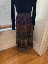Vtg 70s Boho Gypsy Festival batik Floral Tiered Skirt Cotton Hippie India Sz L
