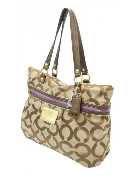 Coach Beige & Brown Poppy Canvas Signature C Tote With Zip Top