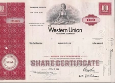Stock certificate Western Union Delaware  100 shares 1960's
