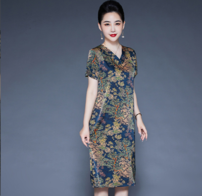 Women Fashion V Neck Silk Loose Fit Short Sleeve Dress Knee Length Casual  Gown L | eBay