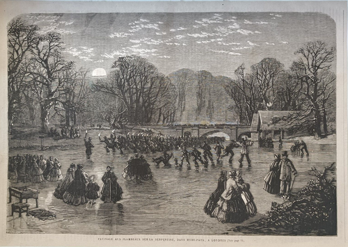 Stampa antica 1865 Hyde Park Serpentine Londra pattinaggio - Imagen 1 de 3