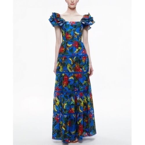 NWT Alice + Olivia Maxi Floral Embroidered Ruffle-Sleeve Tawny Dress - Picture 3 of 8