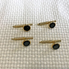 VINTAGE GOLD TONE  ROUND BLACK STONE /ONYX SPRING MECHANISM CUFFLINKS