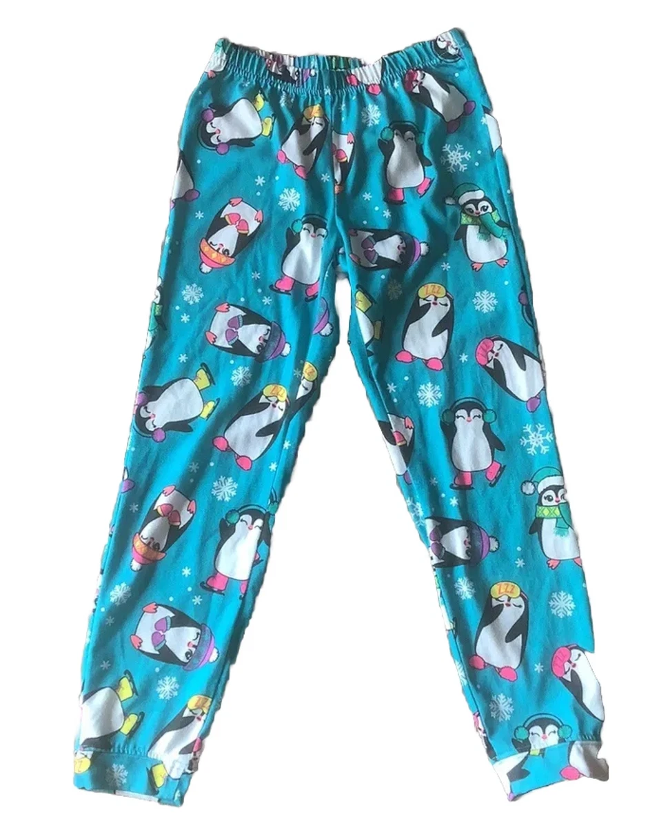 Justice Girls Pajama Pants Colorful Penguin Print Blue Comfort