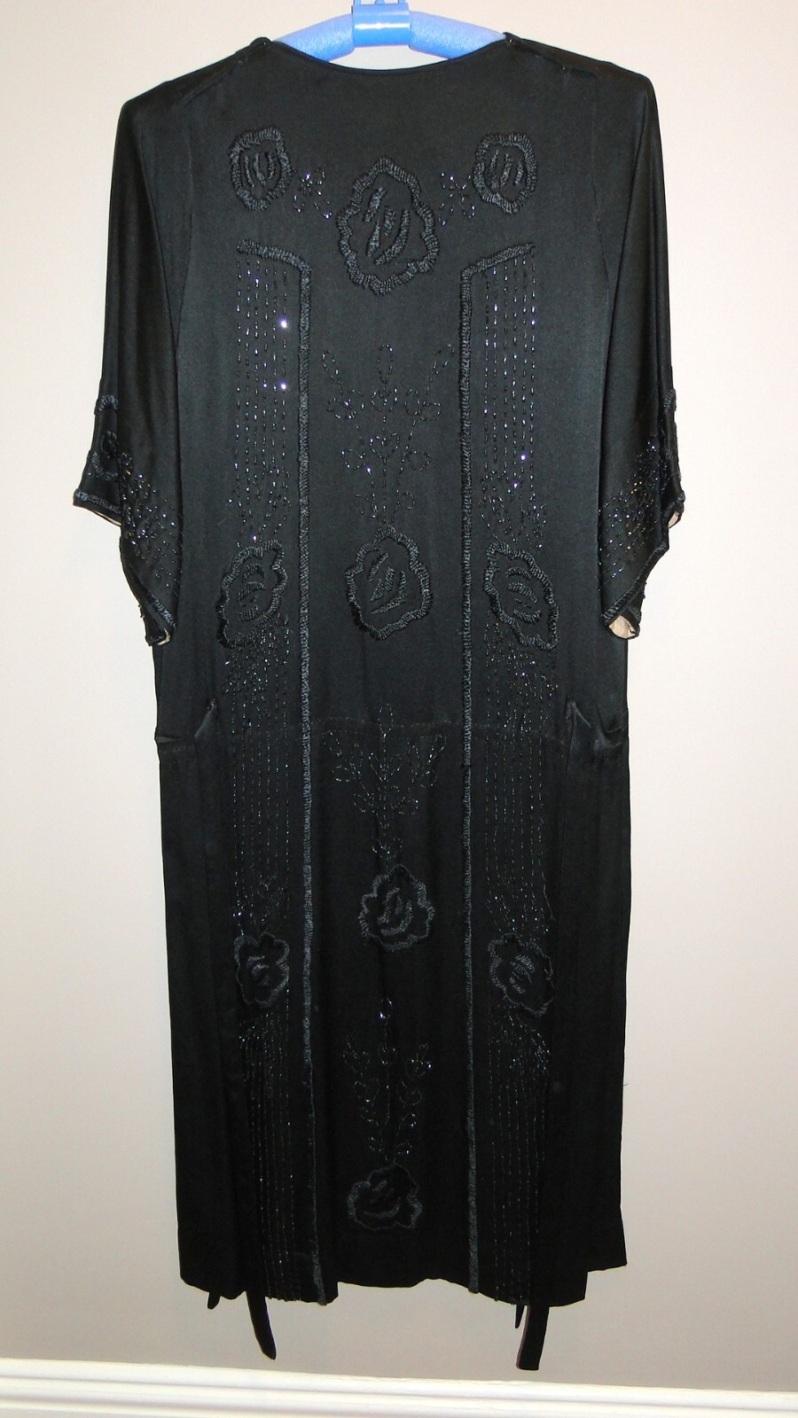 Vintage Edwardian Deco Flapper Dress Black Beaded w Black Embroidery
