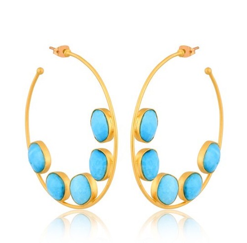 Hoop Multistone Earrings Yellow Gold Color Turquoise Round Fancy Gift Earring - Picture 2 of 3