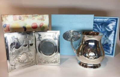 2 Stück SEBA Baby Bilder Fotorahmen und ich für dich versilbert Kanne Babygeschenk