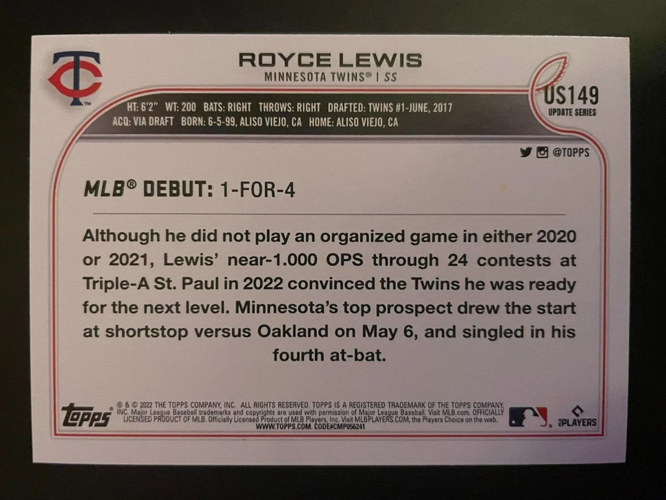 Royce LEWIS RC 2022 Topps Update Series Rookie Debut #US149 Minnesota Twins - Image 2 of 2