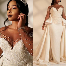 African Plus Size Wedding Dresses With Overskirts Sheer Neck Long Sleeves Bridal