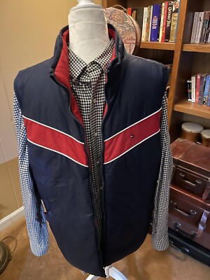 Tommy Hilfiger Reversible Red & Blue Puffer Vest Large Jacket Sleeveless EUC