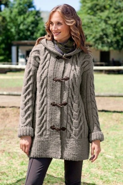 Chunky Ladies Cable Duffle Coat With Hood S XL Sizes Knitting