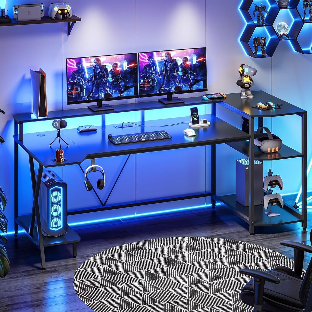 70.8'' Gaming Desk with LED Lights &Monitor Stand, Computer