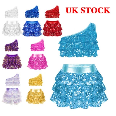 IIXPIN UK Girls Sequins 2 Piece Dance Outfit Crop Top with Skirt Samba Rumba Jazz Latin