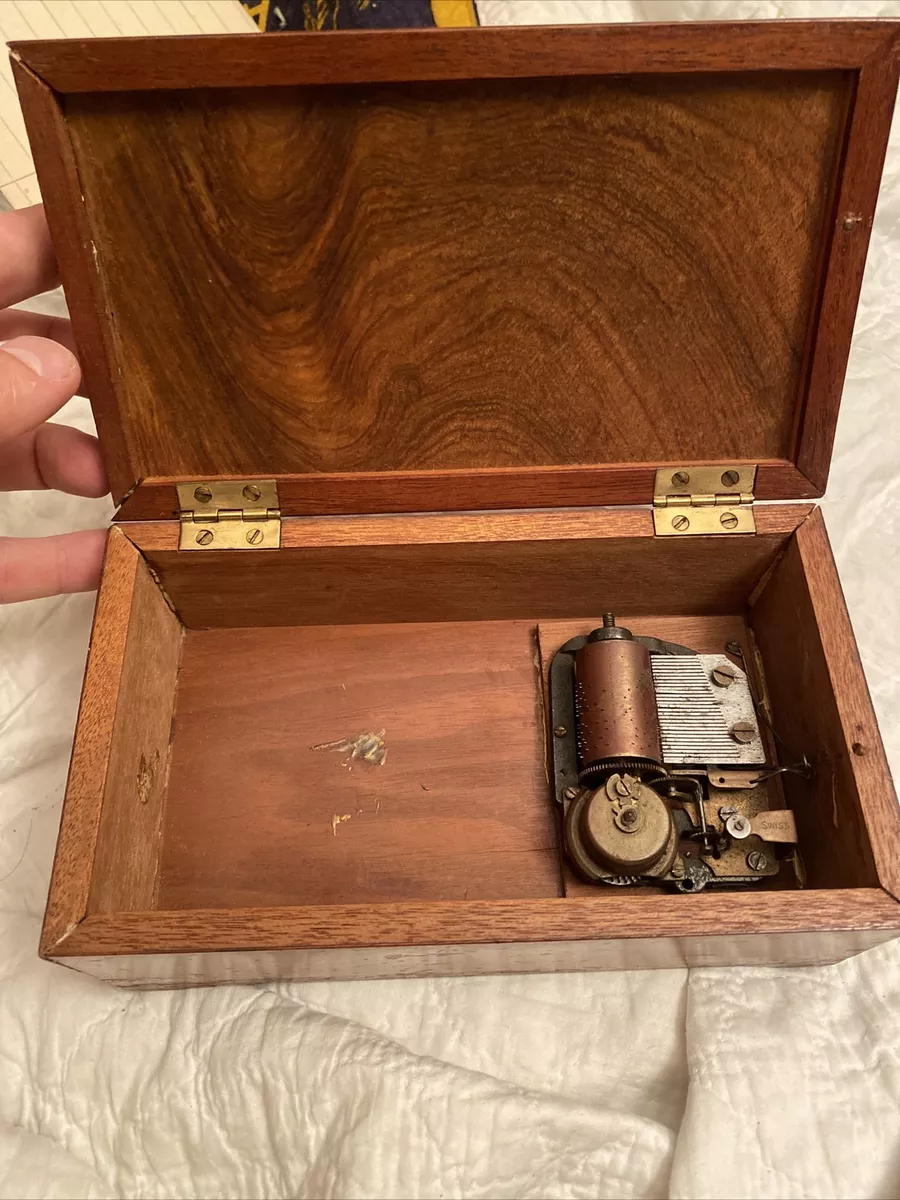 Antique Walnut Swiss Music Box 1850 1910 Working Inlaid Box