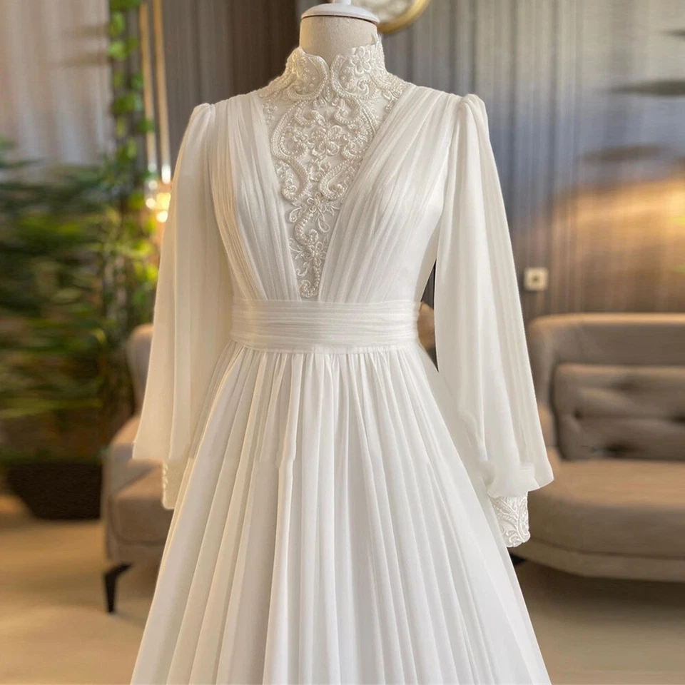Muslim Chiffon Wedding Dresses High Neck Puffy Sleeves Lace Beaded Bridal Gowns - Image 3 of 4