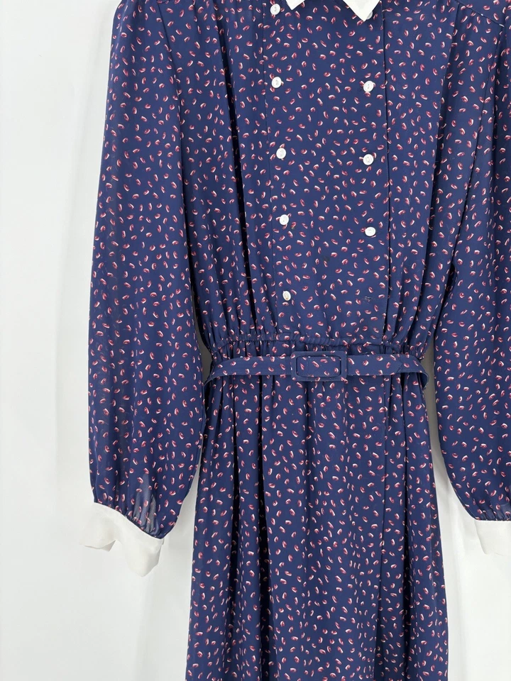 B.G.B. Vestido Vintage Mujer 6 Azul Maxi Doble Pecho Cuello Cinturón Manchado Foto 4 de 4