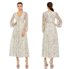 MAC DUGGAL White Embellished Floral Print Faux Wrap A Line Dress size 4 NWT