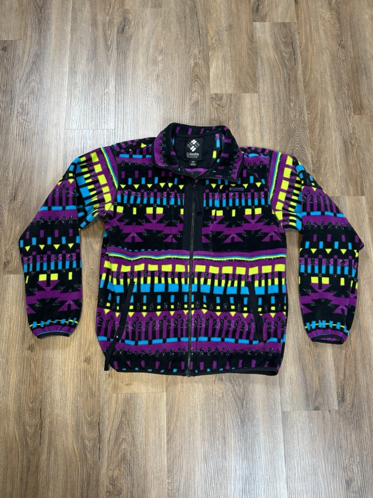 VTG Columbia Back Bowl Full Zip Fleece RARE Black Multicolor Print Size Medium