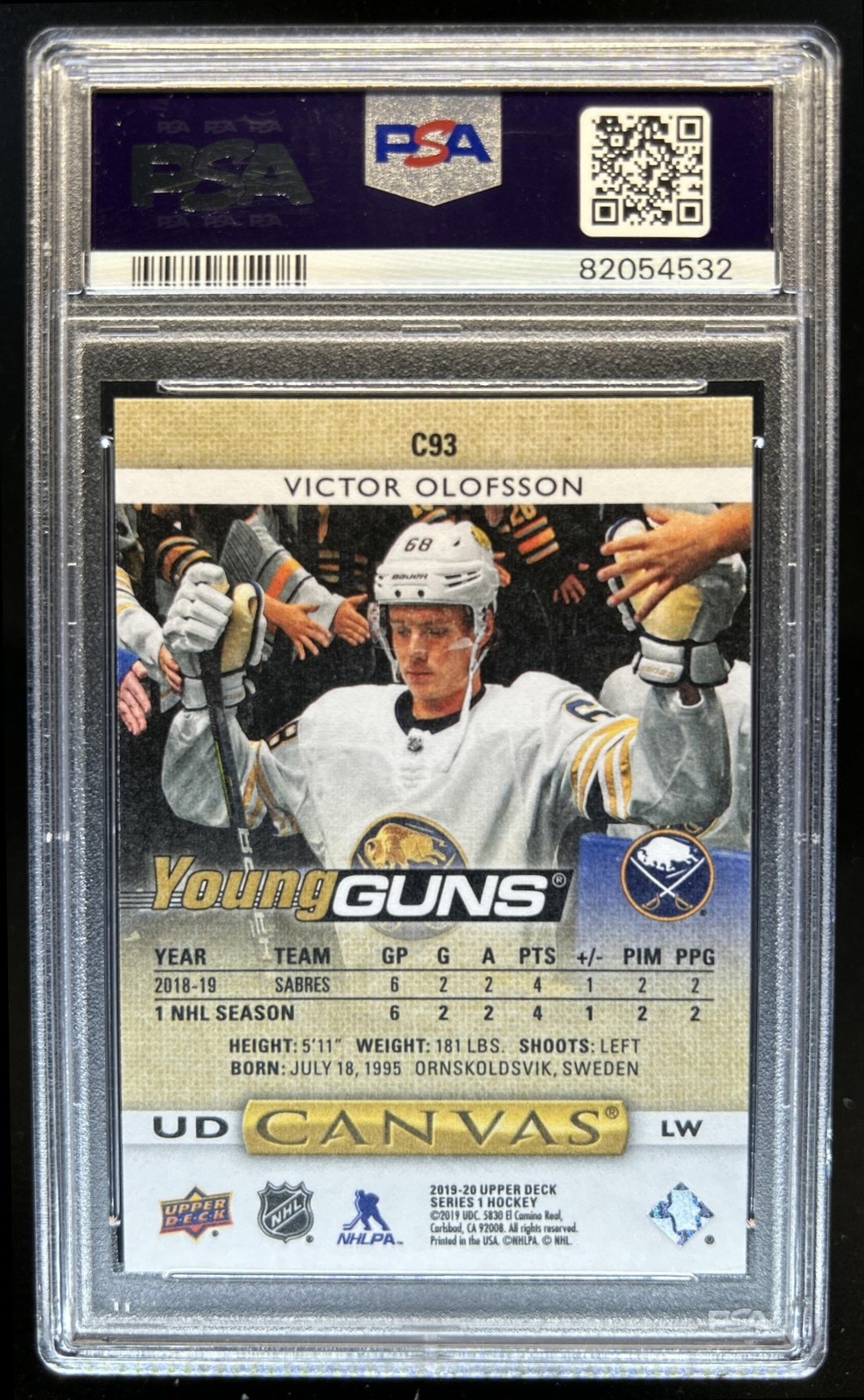 2019-20 Upper Deck Victor Olofsson UD Canvas Young Guns RC #C93 Sabres PSA 10 view 2