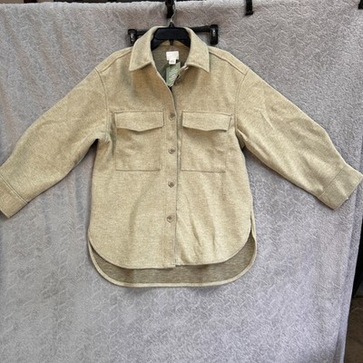 H&M Women s Small Beige Oversized Shacket Button Long Sleeve Pocket Shirt, NWT