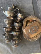 Wallace Baroque Silver Tea Cups And Serving Plate