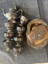 Wallace Baroque Silver Tea Cups And Serving Plate