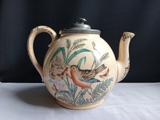 Antique Teapot Pottery + Pewter Lid Bird Robin Butterflies Insects Transferware