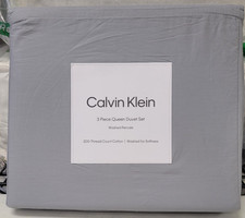 Calvin Klein Washed Percale Cotton Solid 3 Pc. Queen Duvet Cover Set Gray, Blue