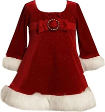 Bonnie Jean Girls' Glitter Holiday Christmas  Velvet Empire Waist Faux Fur Trim
