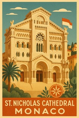  ️ St. Nicholas Cathedral Monaco Poster - Vintage Travel Art - 24x36  -